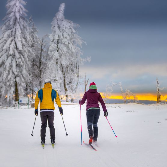Langläufer-Paar in Willingen bei Sonnenaufgang