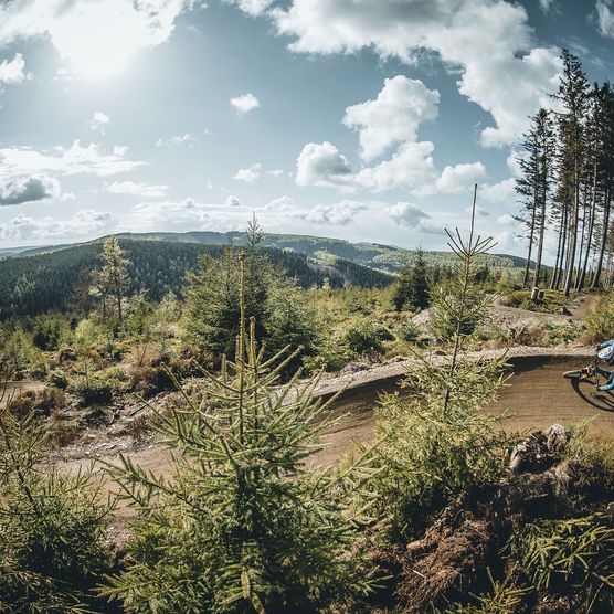 Biker vor tollem Bergpanorama fährt auf dem Flowtrail im MTB Zone Bikepark Willingen