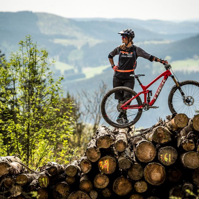 Mountainbikerin lehnt an ihrem Bike auf einem Holzstapel, im Hintergrund das Bergpanorama von Willingen