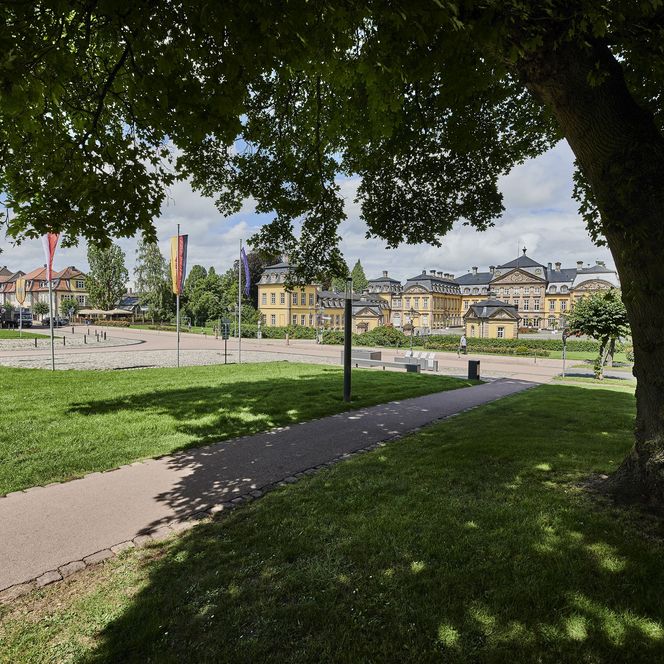 Schloss Bad Arolsen mit Baum und Park im Vordergrund