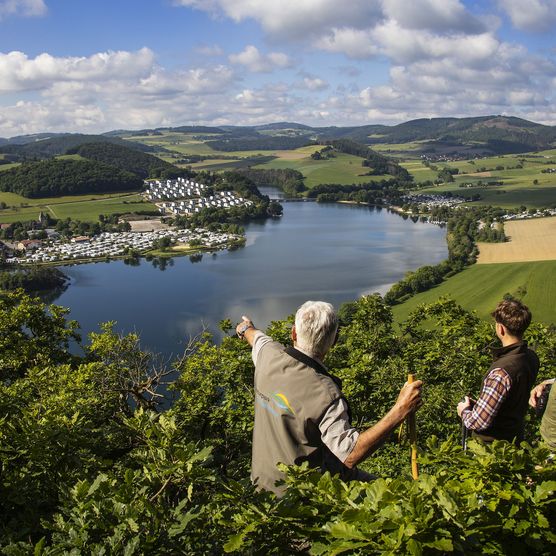 3 Wanderer oberhalb des Diemelsees mit Blick auf Heringhausen