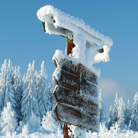 Wanderschilder auf dem Ettelsberg, verschneit im Winter