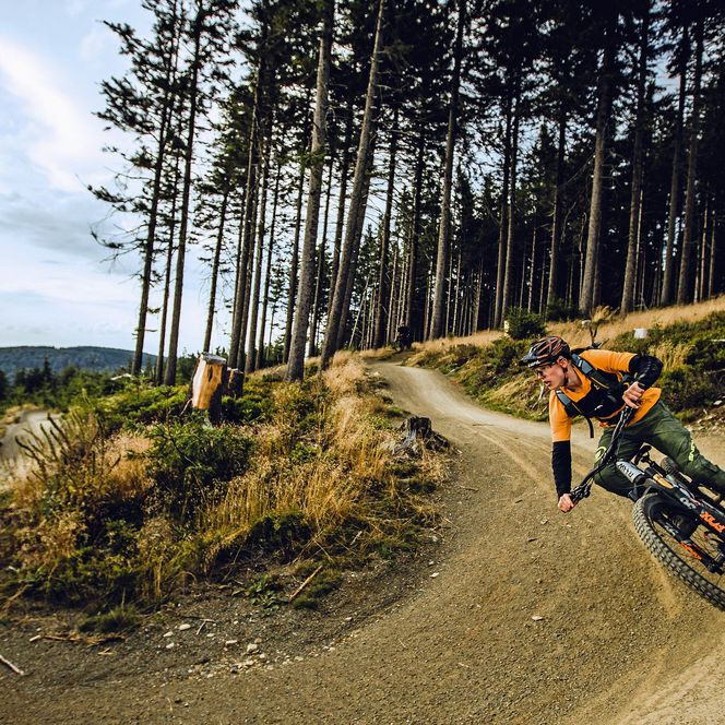 Biker vor einer Kurve auf dem Flow-Country-Trail im MTB Zone Bikepark Willingen